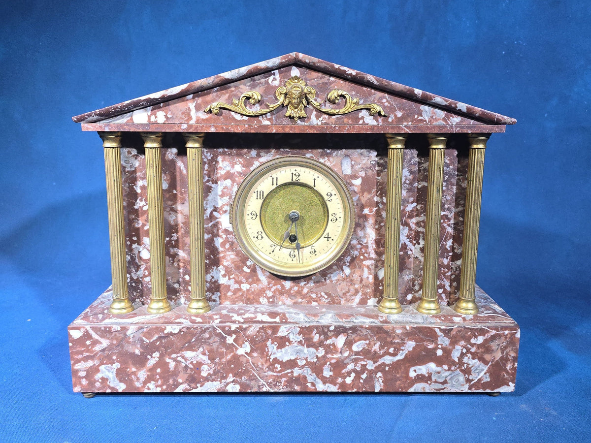Antique Rouge Marble Neoclassical Mantel Clock with Brass Columns and Ormolu Mount