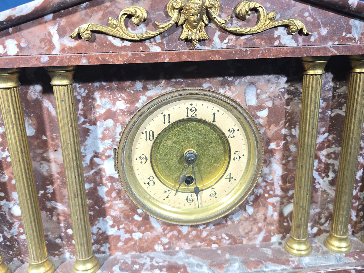 Antique Rouge Marble Neoclassical Mantel Clock with Brass Columns and Ormolu Mount