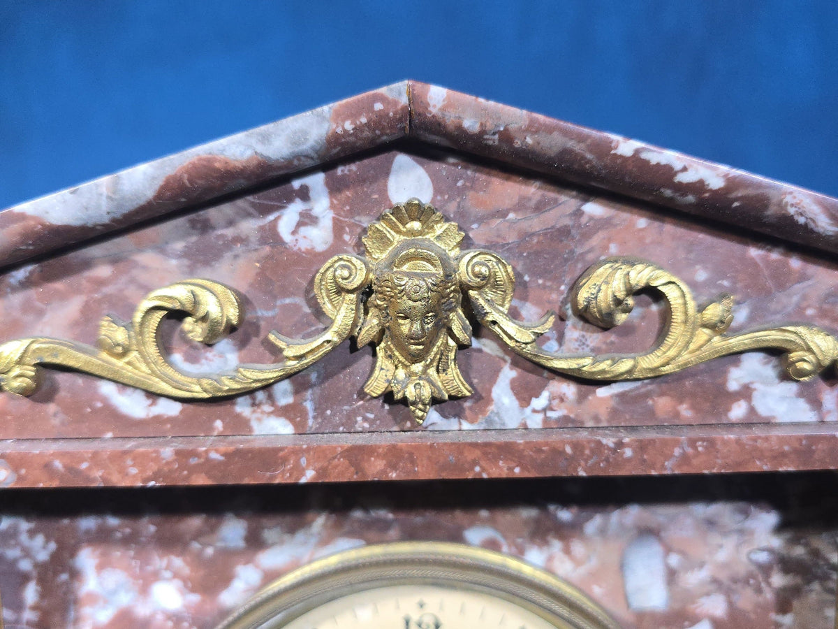 Antique Rouge Marble Neoclassical Mantel Clock with Brass Columns and Ormolu Mount