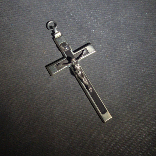 Vintage Crucifix Pendant with Corpus and Dark Wood Inlay