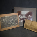 Lot 095 - Trio of Antique Board-Mounted Occupational Photographs Including Print Shop Interior with Type Cases, Lumber Camp Group at Log Building, and Workers Posed at Clapboard Mill Building