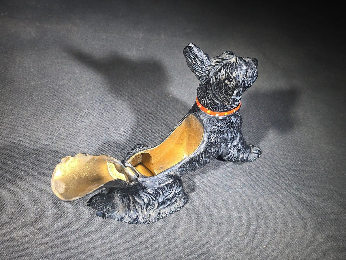 Vintage Austrian Cold-Painted Cast Metal Scottish Terrier Figurine with Hinged Compartment and Red Studded Collar