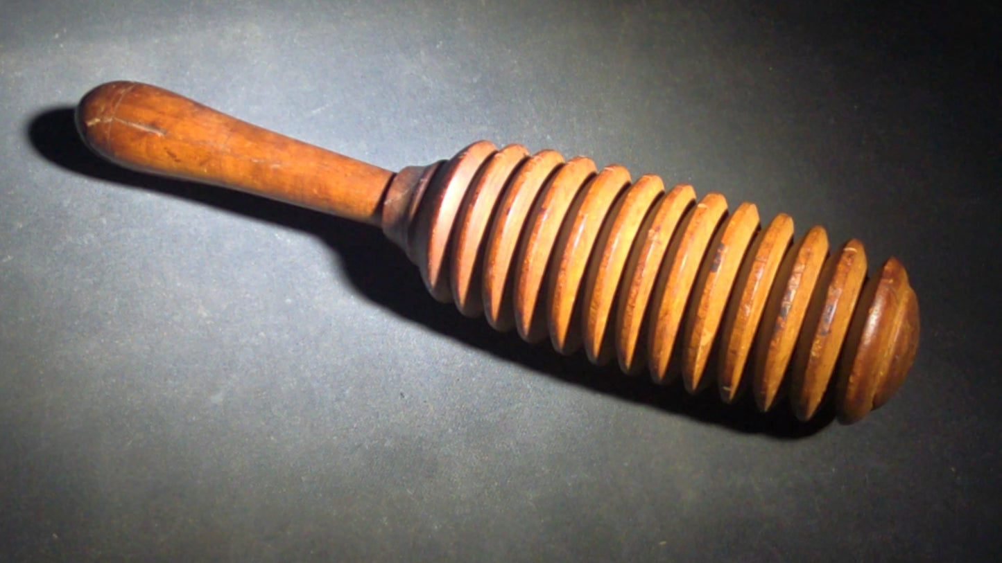 Pair of Antique Turned Wooden Kitchen Utensils including a Ridged Rolling Pasta Pin and a Ridged Single-Handle Masher or Butter Worker
