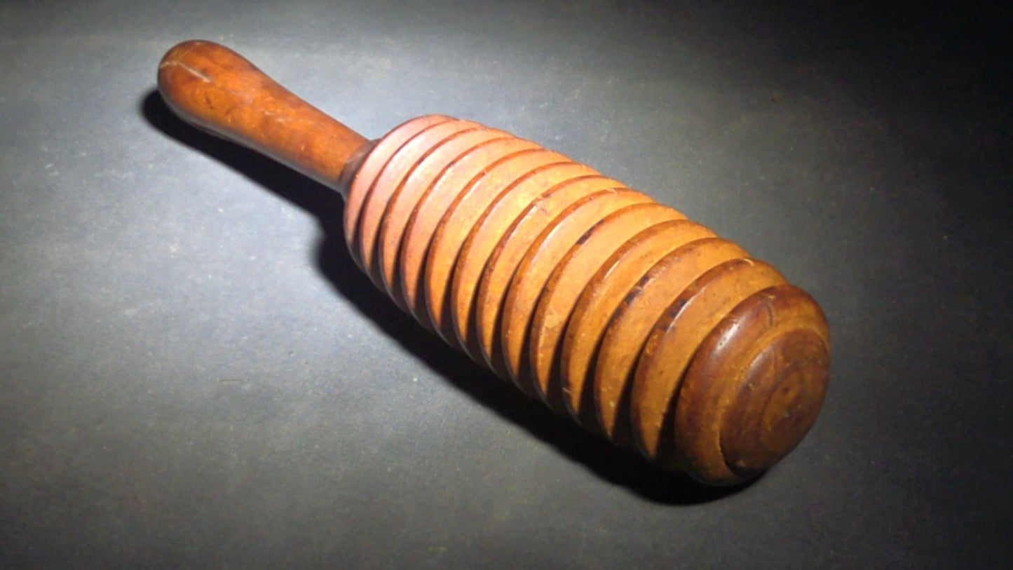 Pair of Antique Turned Wooden Kitchen Utensils including a Ridged Rolling Pasta Pin and a Ridged Single-Handle Masher or Butter Worker