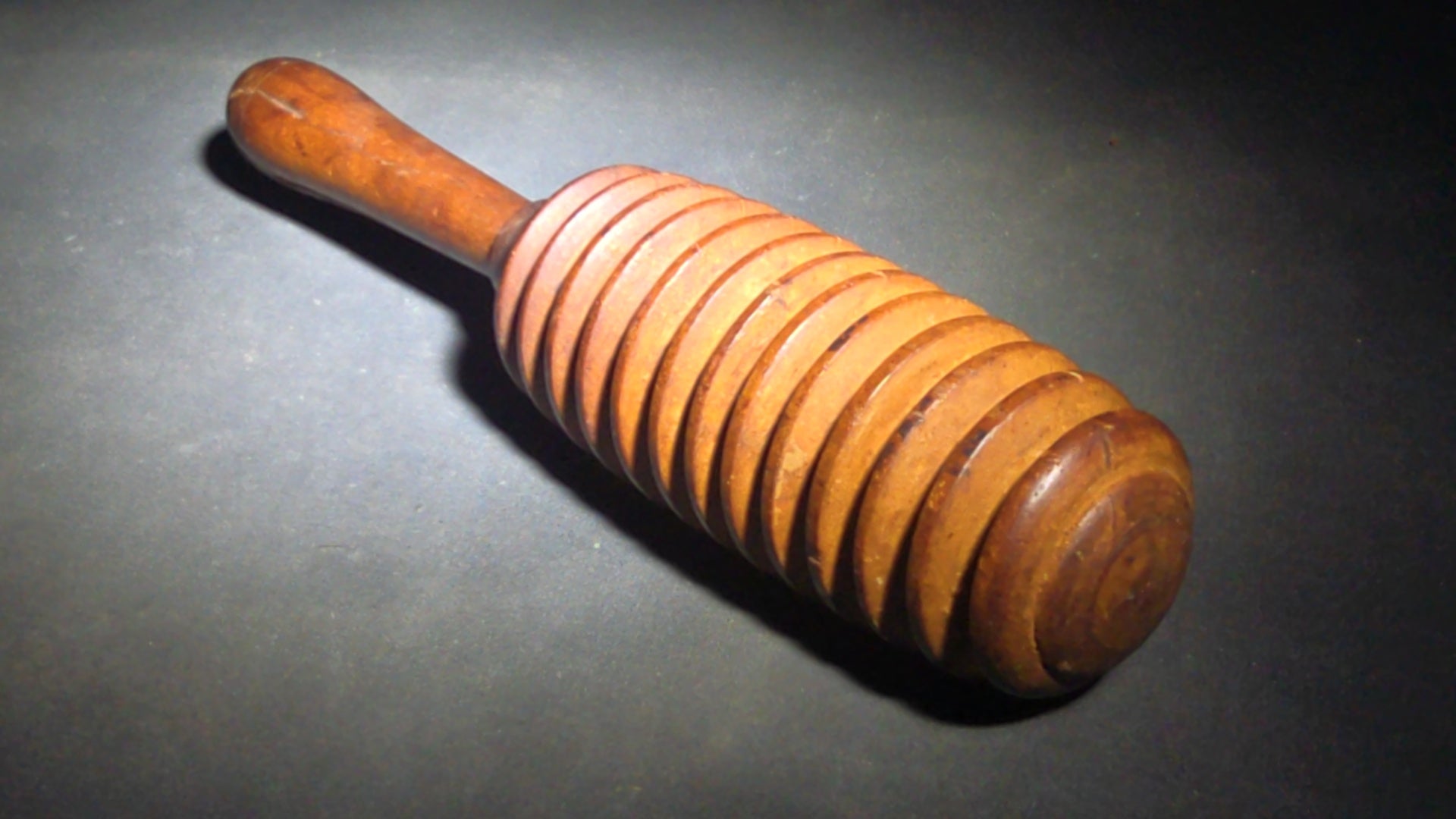 Pair of Antique Turned Wooden Kitchen Utensils including a Ridged Rolling Pasta Pin and a Ridged Single-Handle Masher or Butter Worker