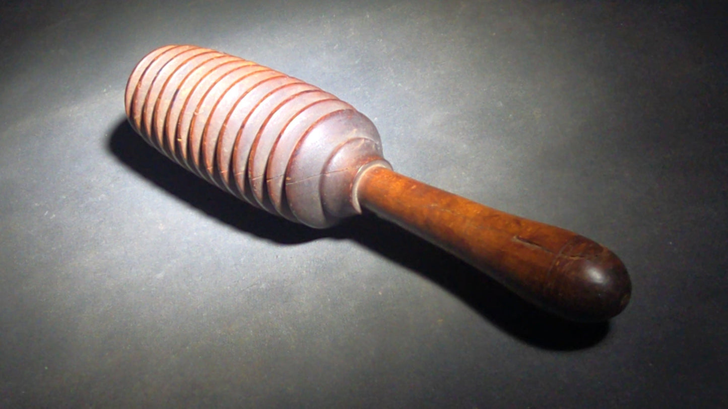 Pair of Antique Turned Wooden Kitchen Utensils including a Ridged Rolling Pasta Pin and a Ridged Single-Handle Masher or Butter Worker