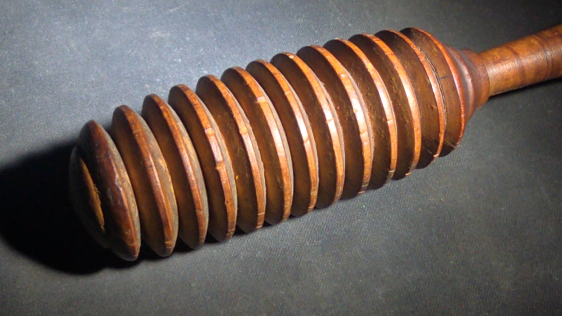 Pair of Antique Turned Wooden Kitchen Utensils including a Ridged Rolling Pasta Pin and a Ridged Single-Handle Masher or Butter Worker