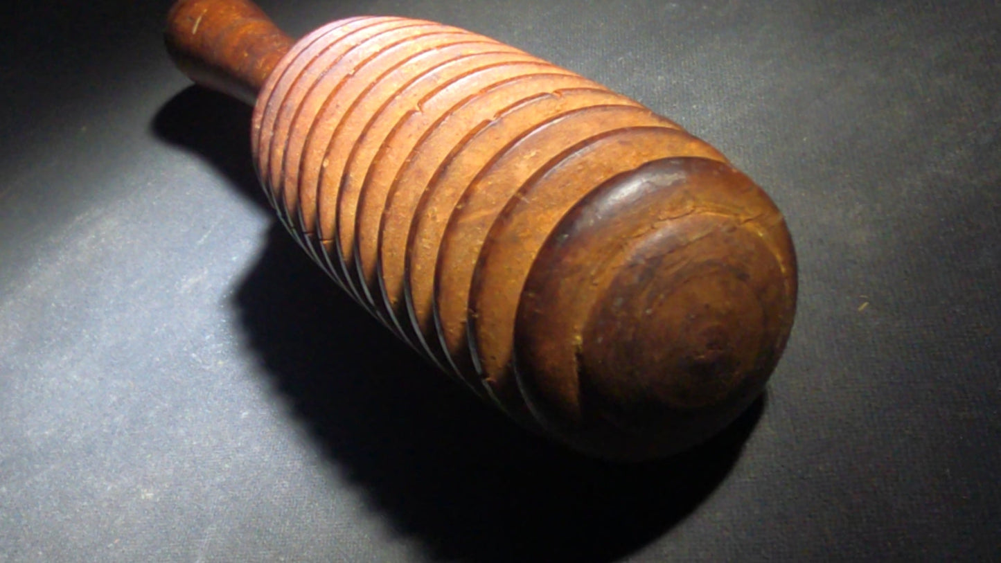 Pair of Antique Turned Wooden Kitchen Utensils including a Ridged Rolling Pasta Pin and a Ridged Single-Handle Masher or Butter Worker