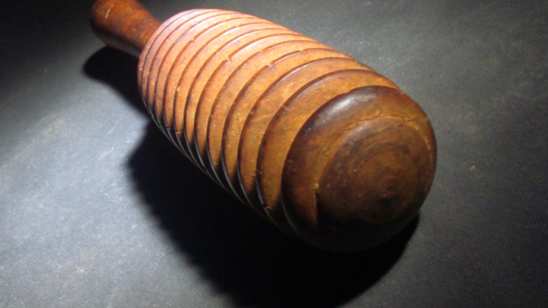 Pair of Antique Turned Wooden Kitchen Utensils including a Ridged Rolling Pasta Pin and a Ridged Single-Handle Masher or Butter Worker