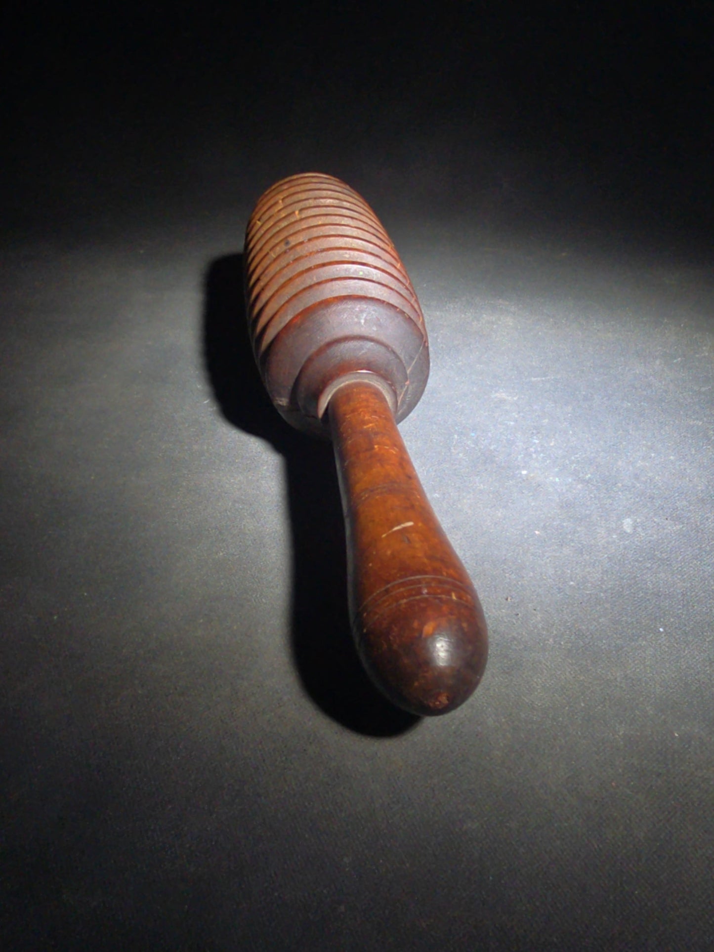 Pair of Antique Turned Wooden Kitchen Utensils including a Ridged Rolling Pasta Pin and a Ridged Single-Handle Masher or Butter Worker