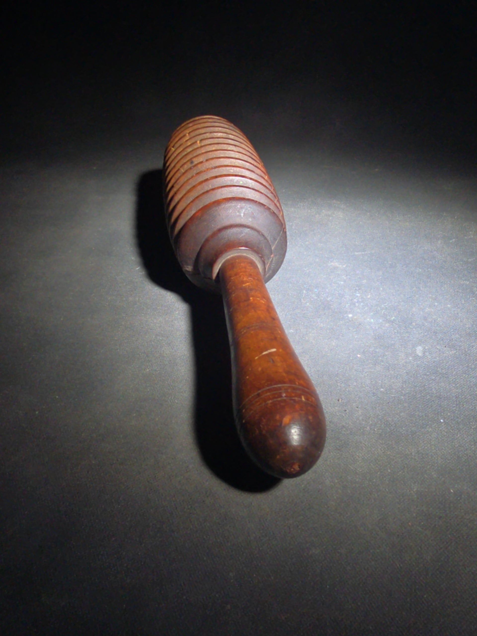 Pair of Antique Turned Wooden Kitchen Utensils including a Ridged Rolling Pasta Pin and a Ridged Single-Handle Masher or Butter Worker