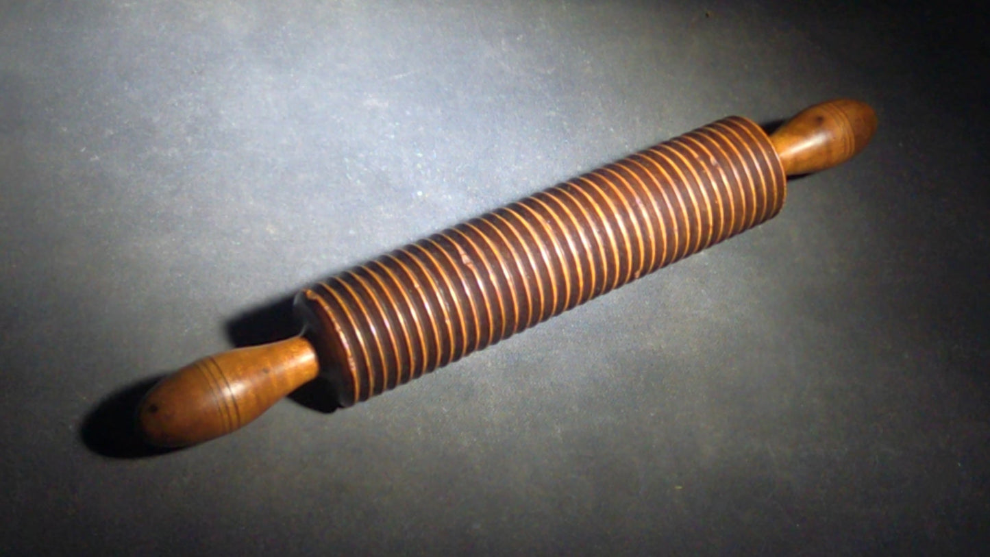 Pair of Antique Turned Wooden Kitchen Utensils including a Ridged Rolling Pasta Pin and a Ridged Single-Handle Masher or Butter Worker