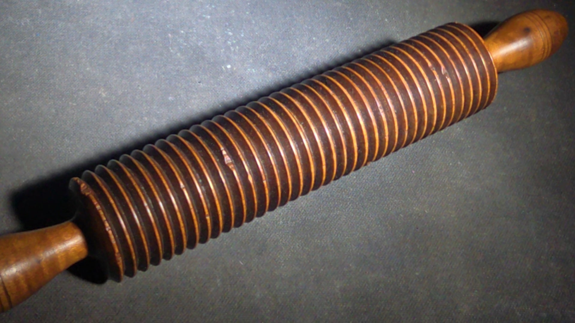 Pair of Antique Turned Wooden Kitchen Utensils including a Ridged Rolling Pasta Pin and a Ridged Single-Handle Masher or Butter Worker