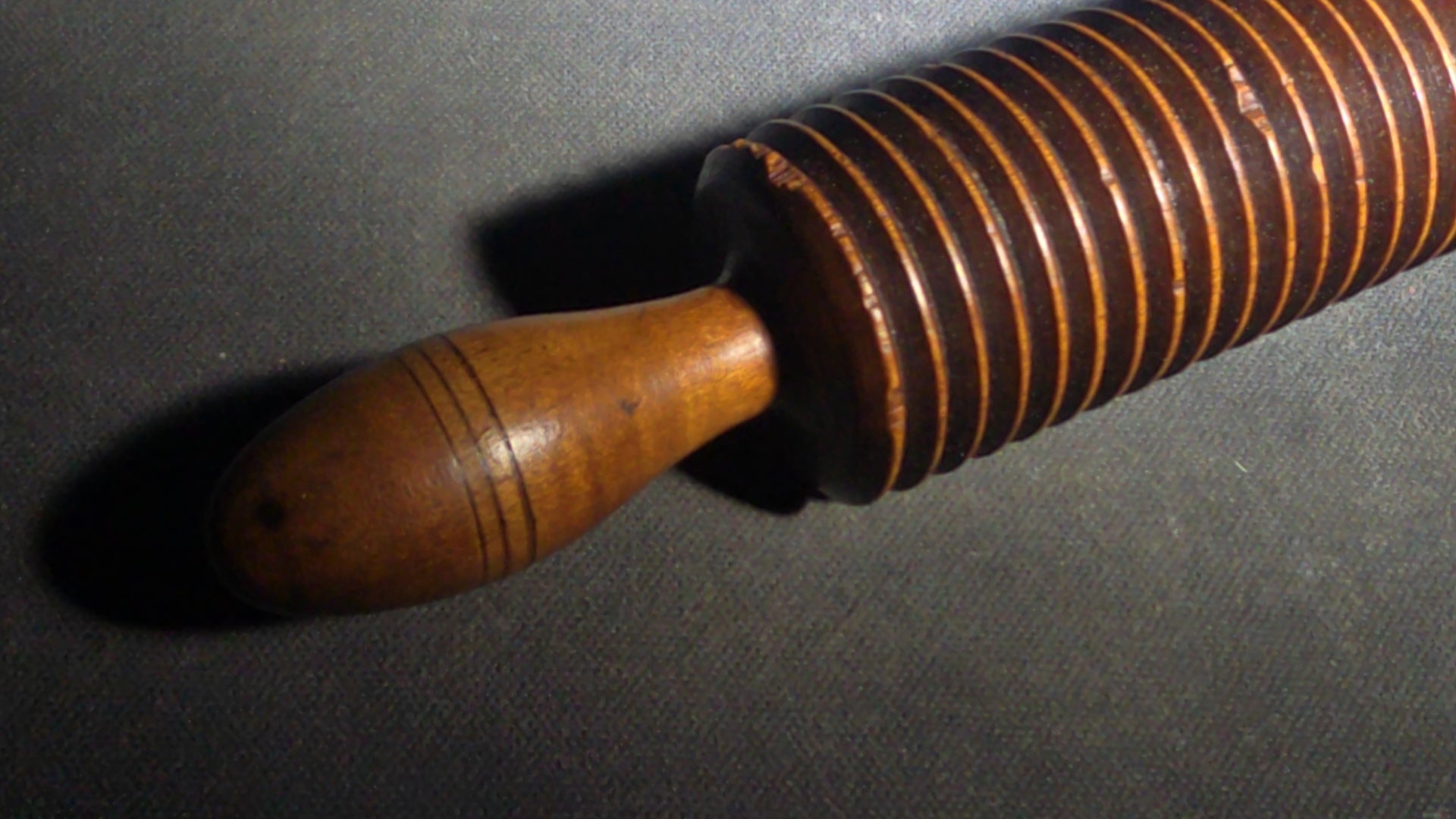 Pair of Antique Turned Wooden Kitchen Utensils including a Ridged Rolling Pasta Pin and a Ridged Single-Handle Masher or Butter Worker