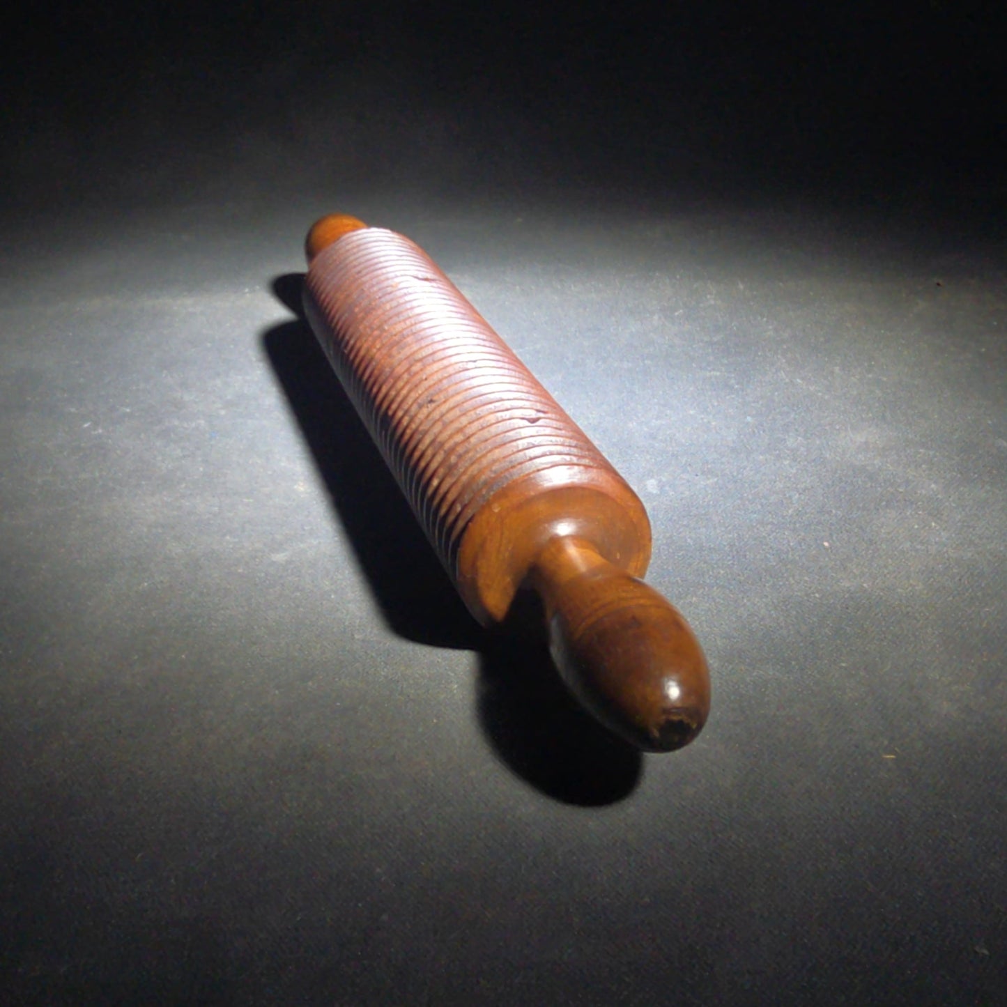 Pair of Antique Turned Wooden Kitchen Utensils including a Ridged Rolling Pasta Pin and a Ridged Single-Handle Masher or Butter Worker