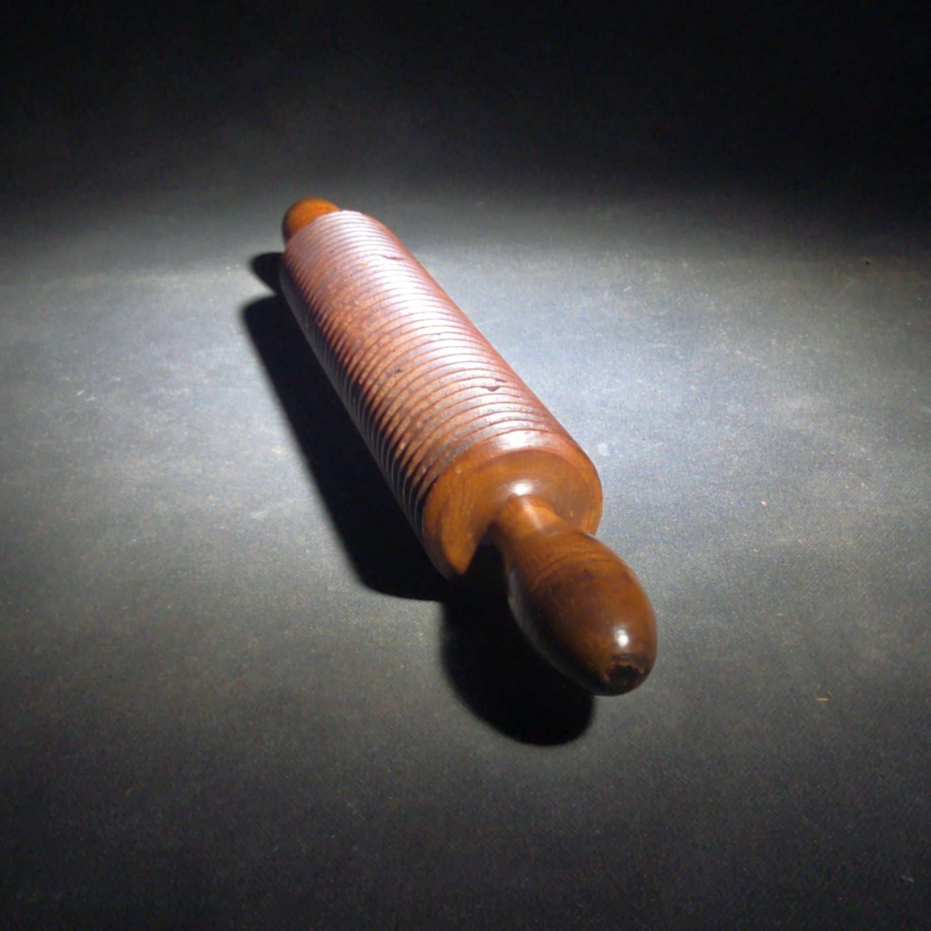Pair of Antique Turned Wooden Kitchen Utensils including a Ridged Rolling Pasta Pin and a Ridged Single-Handle Masher or Butter Worker