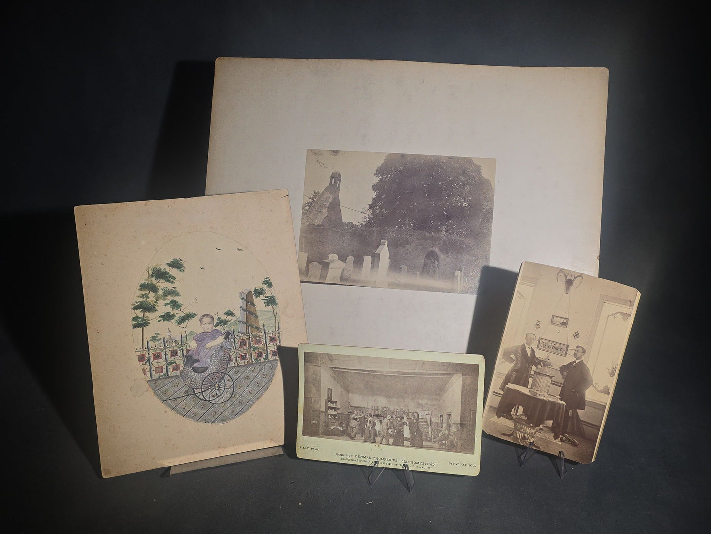 Grouping of Four Antique Board-Mounted and Cabinet Card Photographs including Hand-Painted Watercolor Surround Portrait of Ida Gertrude Perley, 1861, and Denman Thompson's "Old Homestead" Theater Scene, Photographed by Falk, New York