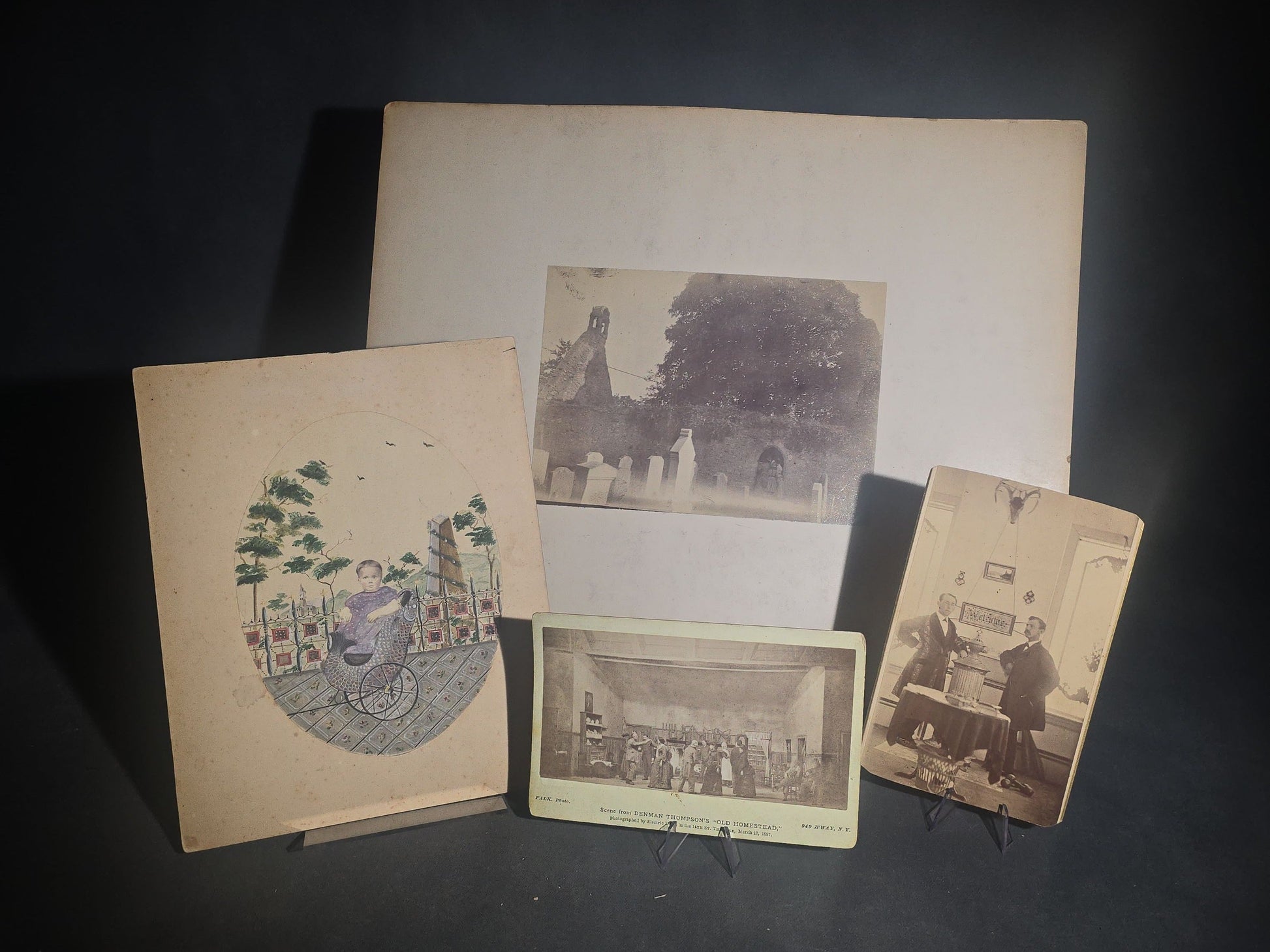 Grouping of Four Antique Board-Mounted and Cabinet Card Photographs including Hand-Painted Watercolor Surround Portrait of Ida Gertrude Perley, 1861, and Denman Thompson's "Old Homestead" Theater Scene, Photographed by Falk, New York