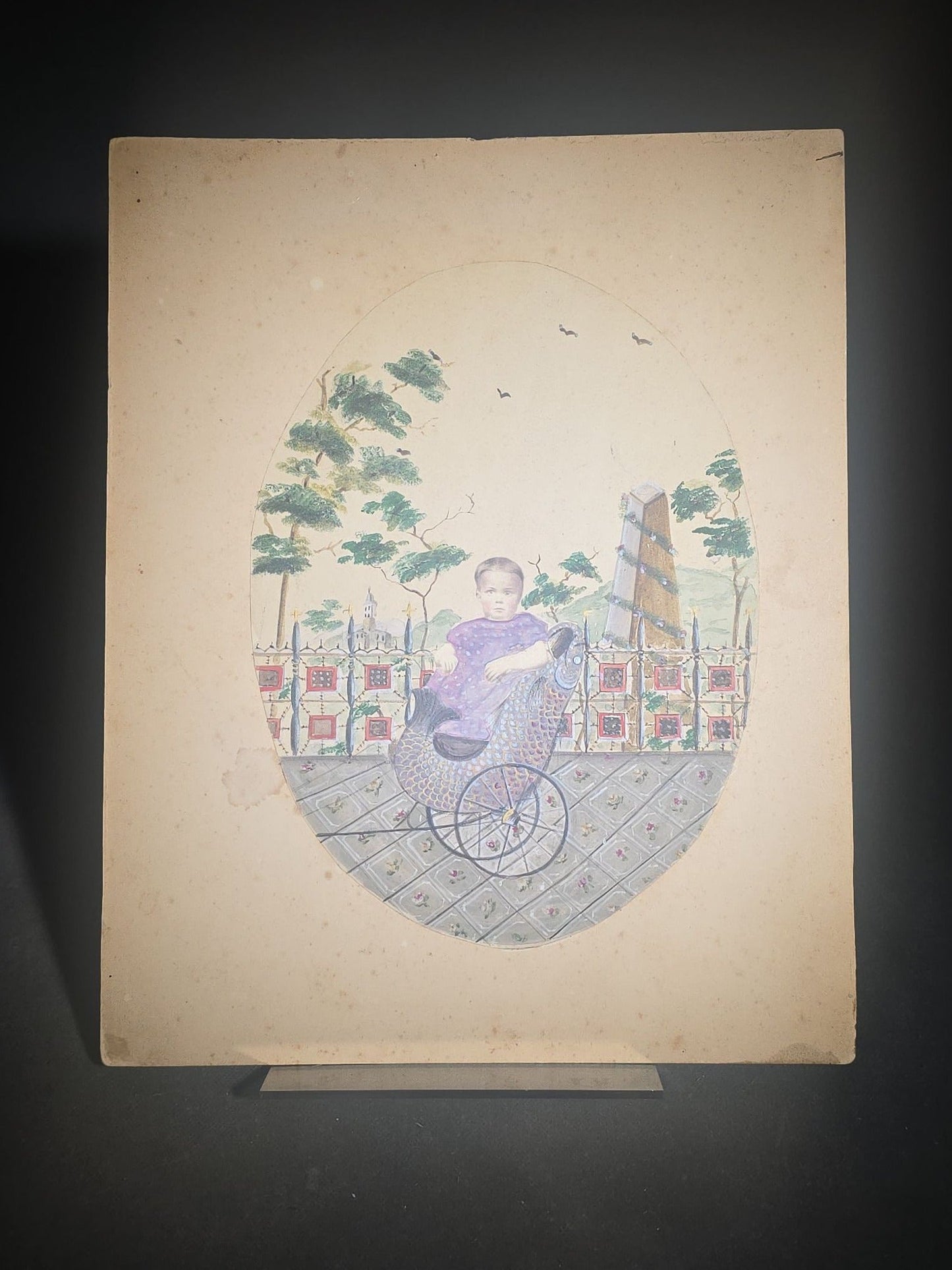 Grouping of Four Antique Board-Mounted and Cabinet Card Photographs including Hand-Painted Watercolor Surround Portrait of Ida Gertrude Perley, 1861, and Denman Thompson's "Old Homestead" Theater Scene, Photographed by Falk, New York