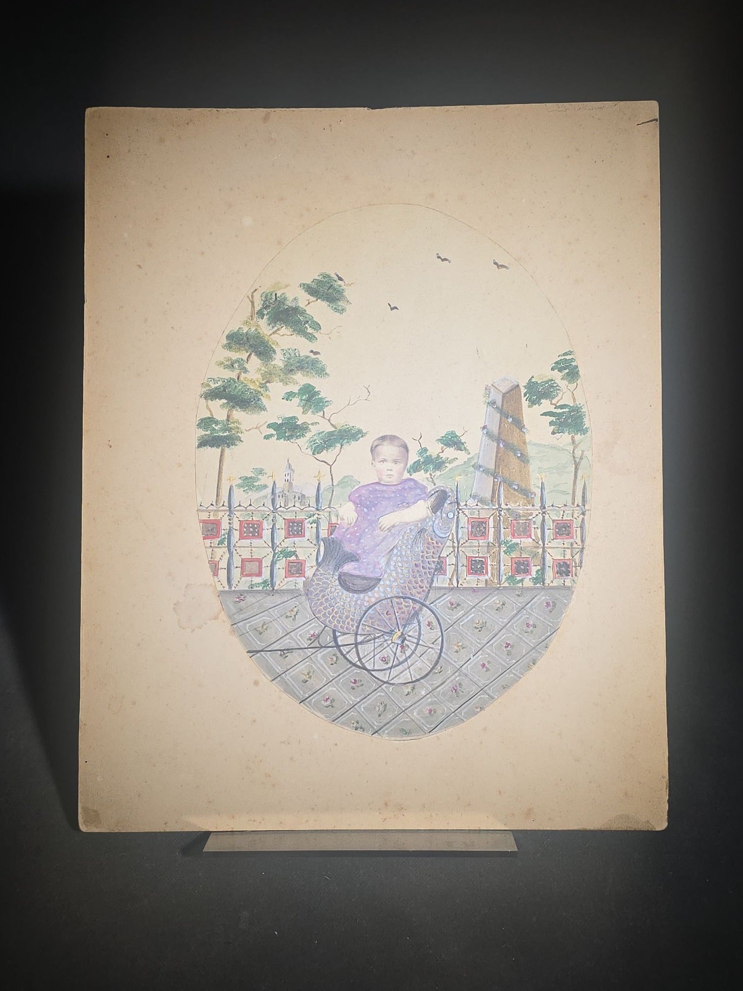 Grouping of Four Antique Board-Mounted and Cabinet Card Photographs including Hand-Painted Watercolor Surround Portrait of Ida Gertrude Perley, 1861, and Denman Thompson's "Old Homestead" Theater Scene, Photographed by Falk, New York