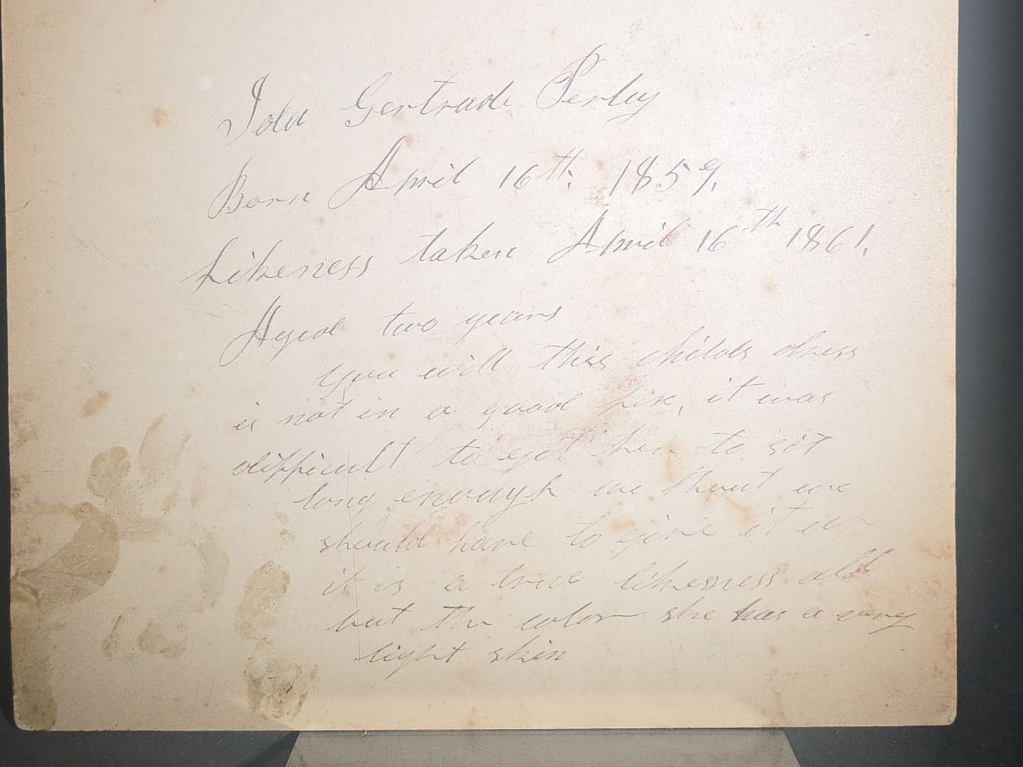Grouping of Four Antique Board-Mounted and Cabinet Card Photographs including Hand-Painted Watercolor Surround Portrait of Ida Gertrude Perley, 1861, and Denman Thompson's "Old Homestead" Theater Scene, Photographed by Falk, New York