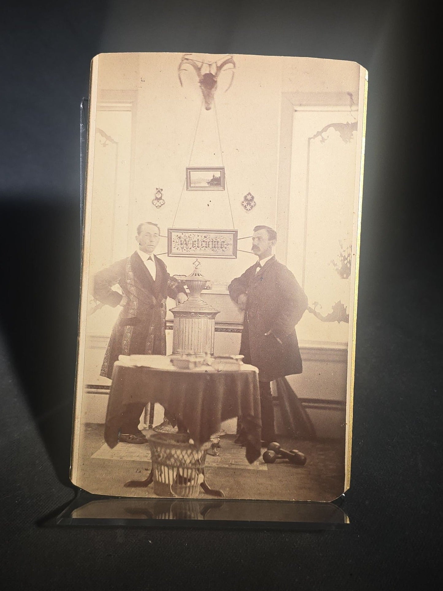 Grouping of Four Antique Board-Mounted and Cabinet Card Photographs including Hand-Painted Watercolor Surround Portrait of Ida Gertrude Perley, 1861, and Denman Thompson's "Old Homestead" Theater Scene, Photographed by Falk, New York