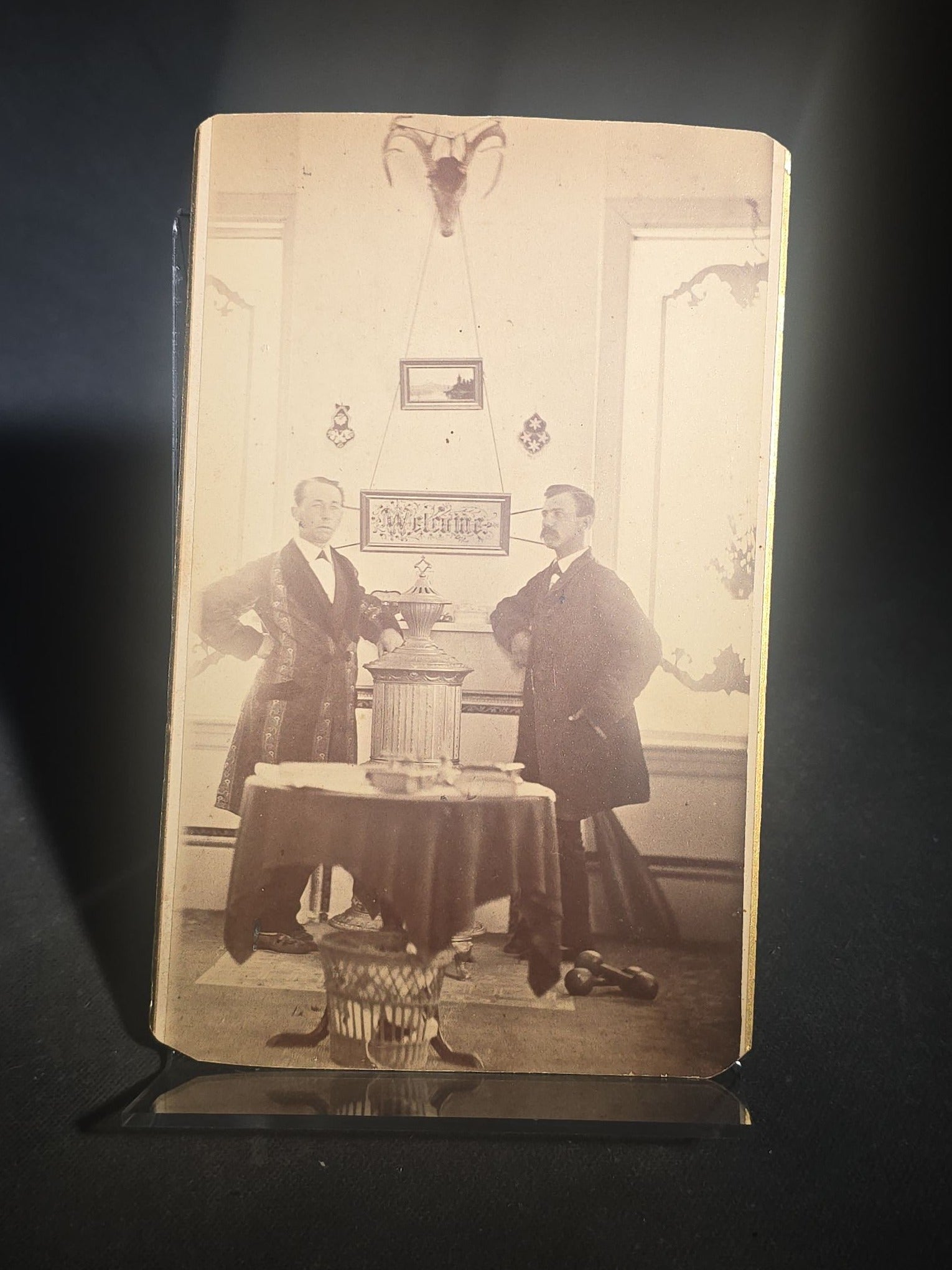Grouping of Four Antique Board-Mounted and Cabinet Card Photographs including Hand-Painted Watercolor Surround Portrait of Ida Gertrude Perley, 1861, and Denman Thompson's "Old Homestead" Theater Scene, Photographed by Falk, New York
