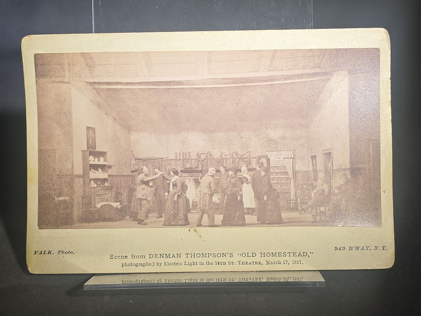 Grouping of Four Antique Board-Mounted and Cabinet Card Photographs including Hand-Painted Watercolor Surround Portrait of Ida Gertrude Perley, 1861, and Denman Thompson's "Old Homestead" Theater Scene, Photographed by Falk, New York