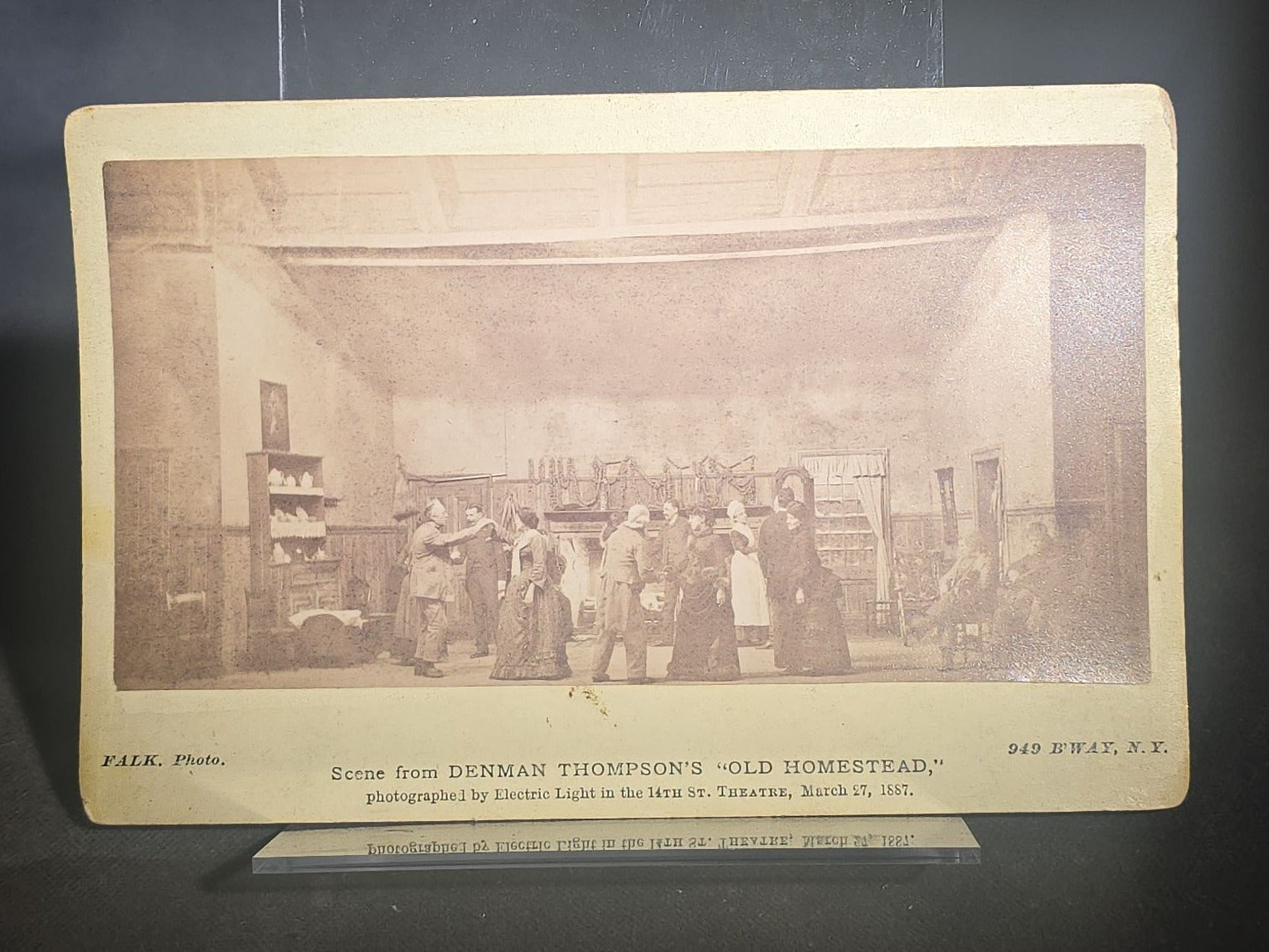 Grouping of Four Antique Board-Mounted and Cabinet Card Photographs including Hand-Painted Watercolor Surround Portrait of Ida Gertrude Perley, 1861, and Denman Thompson's "Old Homestead" Theater Scene, Photographed by Falk, New York