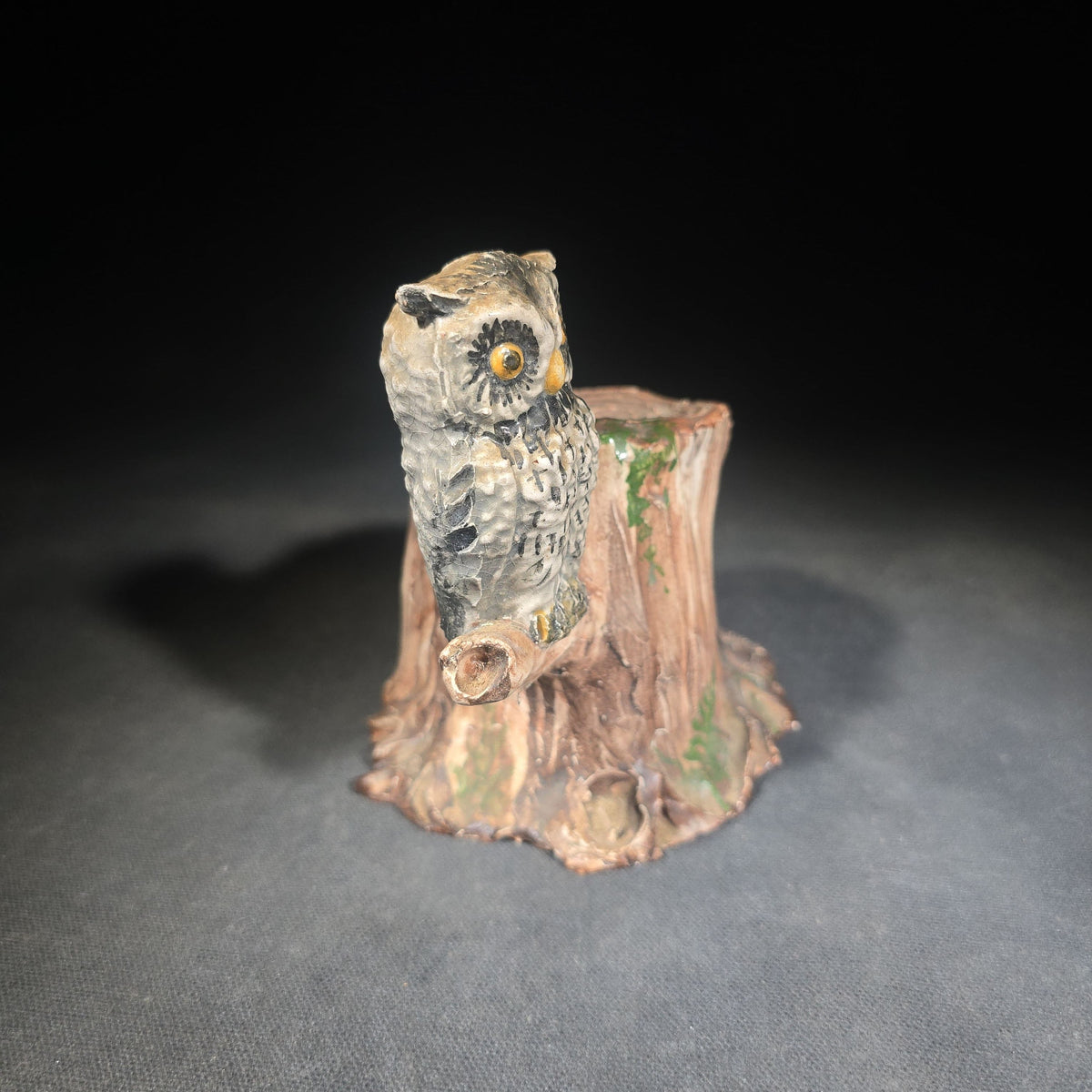 Vintage Figural Clay Owl on Tree Stump Coin Bank with "Be Wise Be Save" Inscription, Handmade by Sutton
