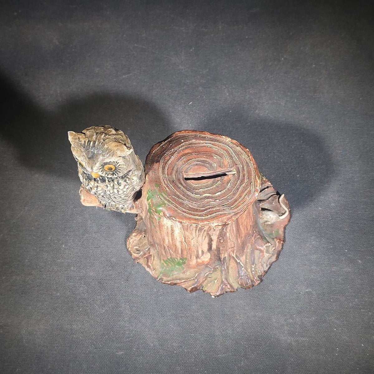 Vintage Figural Clay Owl on Tree Stump Coin Bank with "Be Wise Be Save" Inscription, Handmade by Sutton