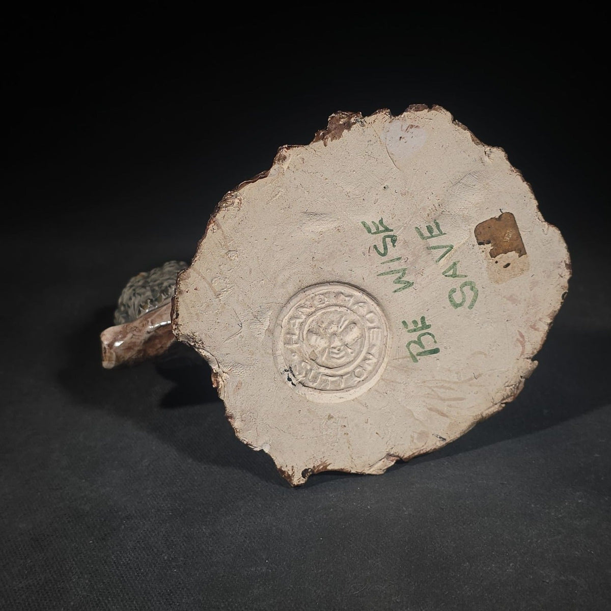 Vintage Figural Clay Owl on Tree Stump Coin Bank with "Be Wise Be Save" Inscription, Handmade by Sutton