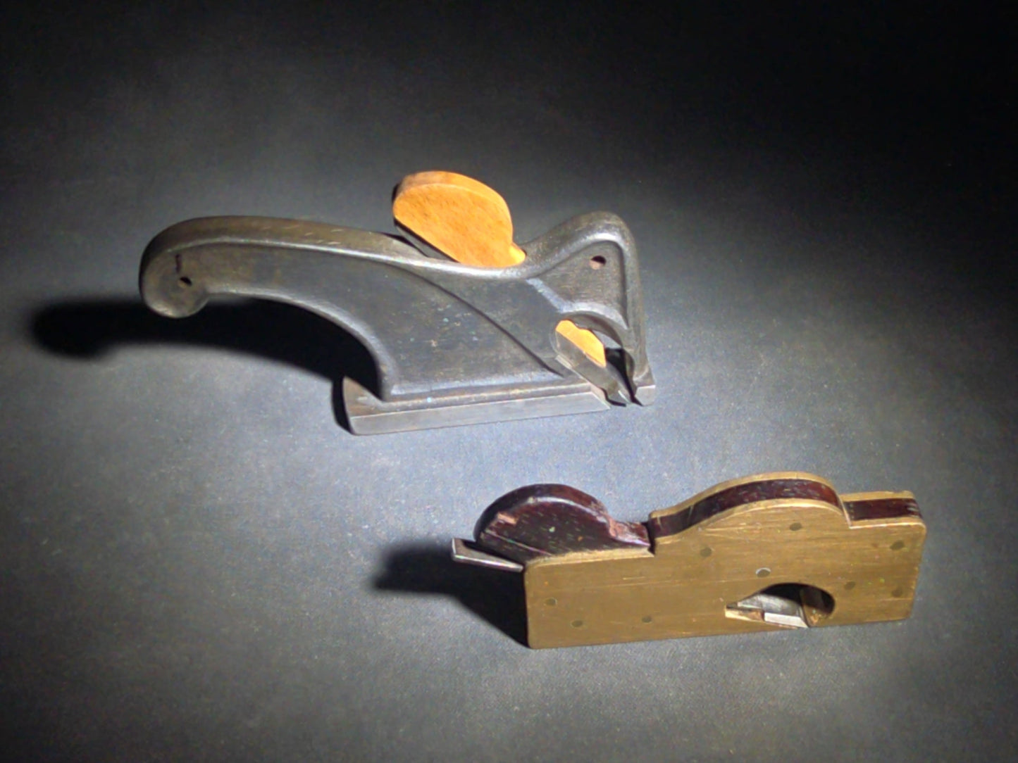 Pair of Antique Woodworking Hand Planes including a Brass and Rosewood Bullnose Plane and a Cast Iron Rabbet Plane
