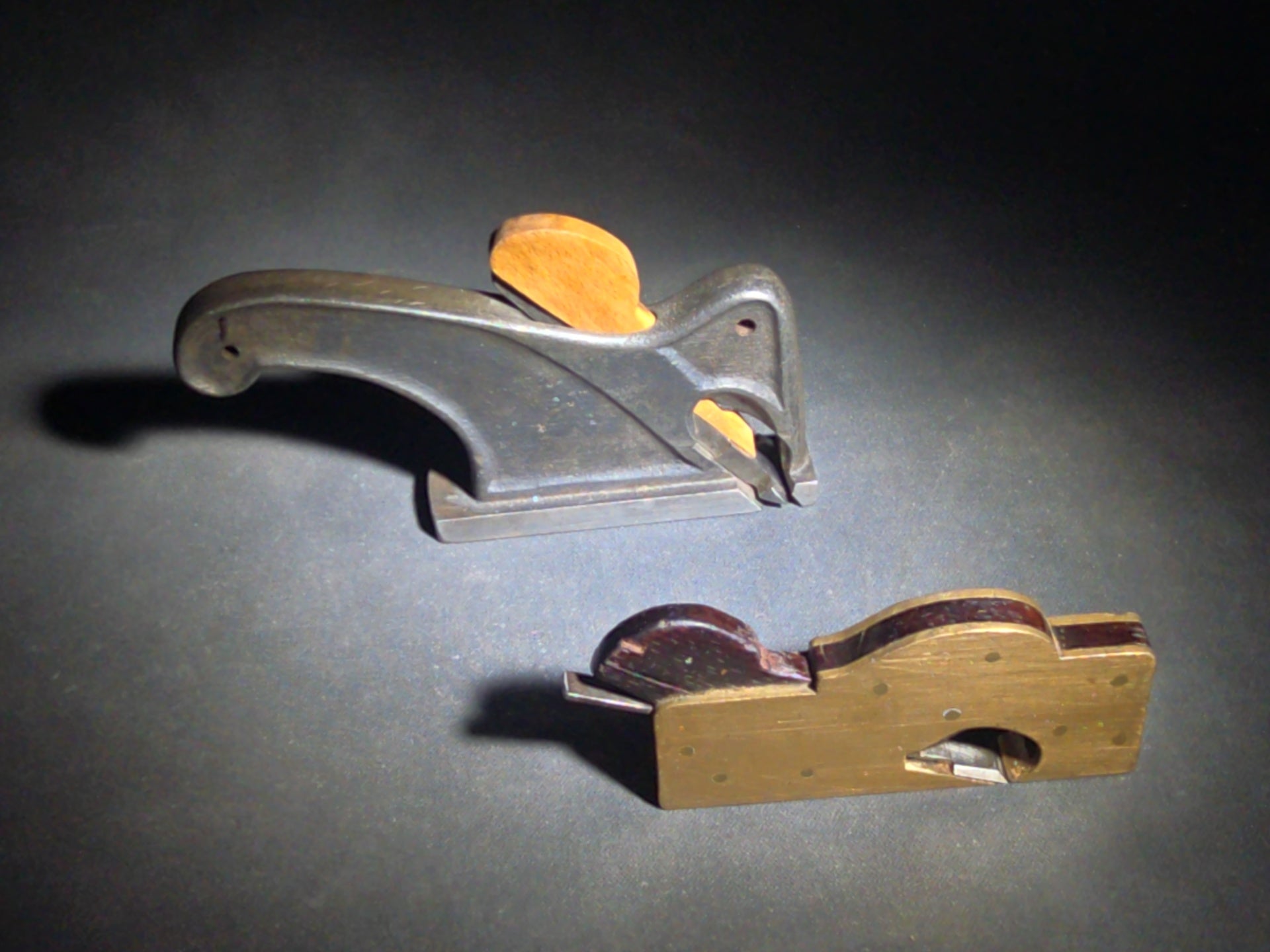Pair of Antique Woodworking Hand Planes including a Brass and Rosewood Bullnose Plane and a Cast Iron Rabbet Plane