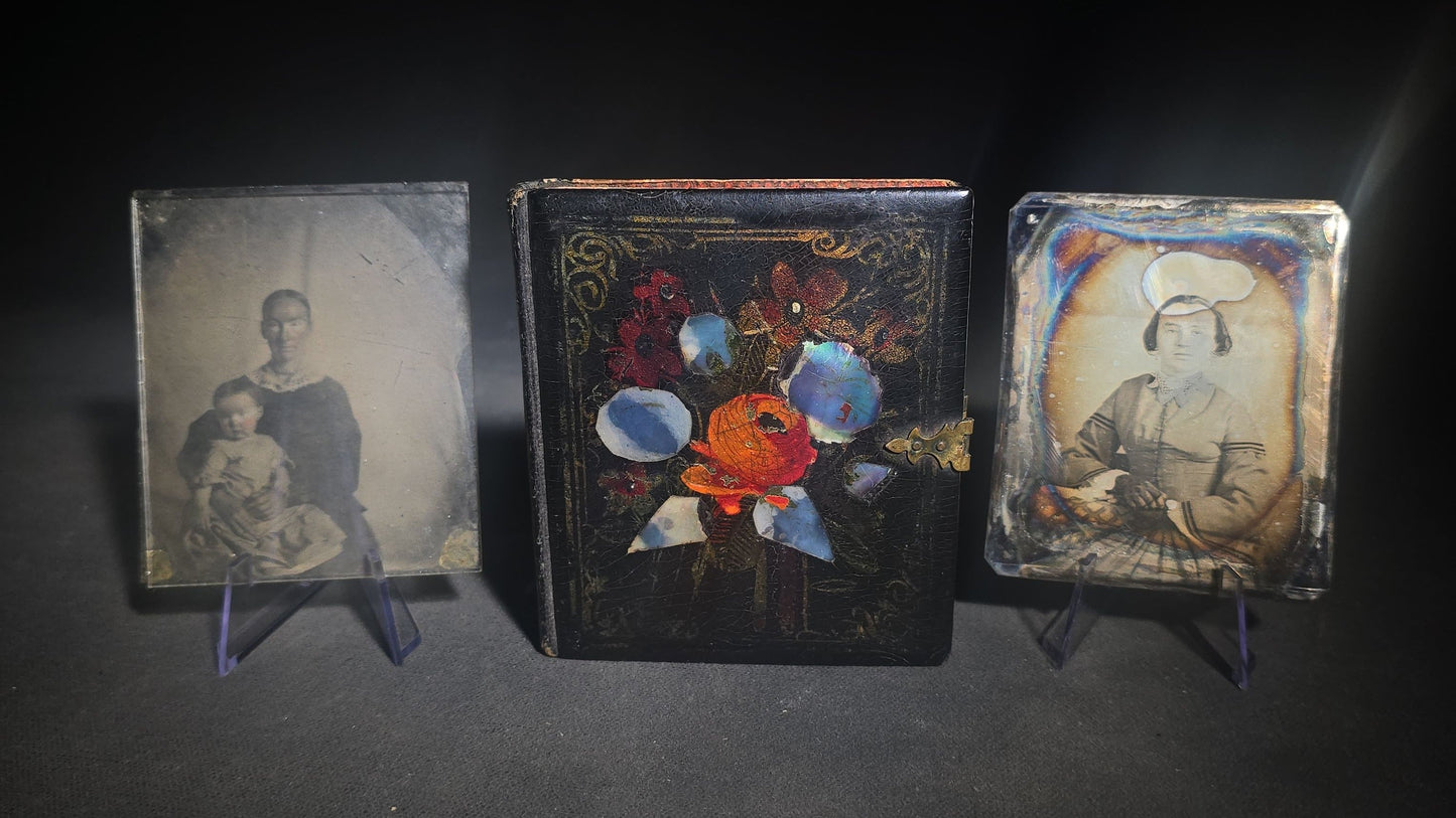 Trio of Antique 1/6th Plate Photographs and Case including Uncased Daguerreotype Photograph of a Seated Woman, Uncased Ambrotype Photograph of a Woman and Child, and Papier-Mache Case with Mother-of-Pearl Inlay