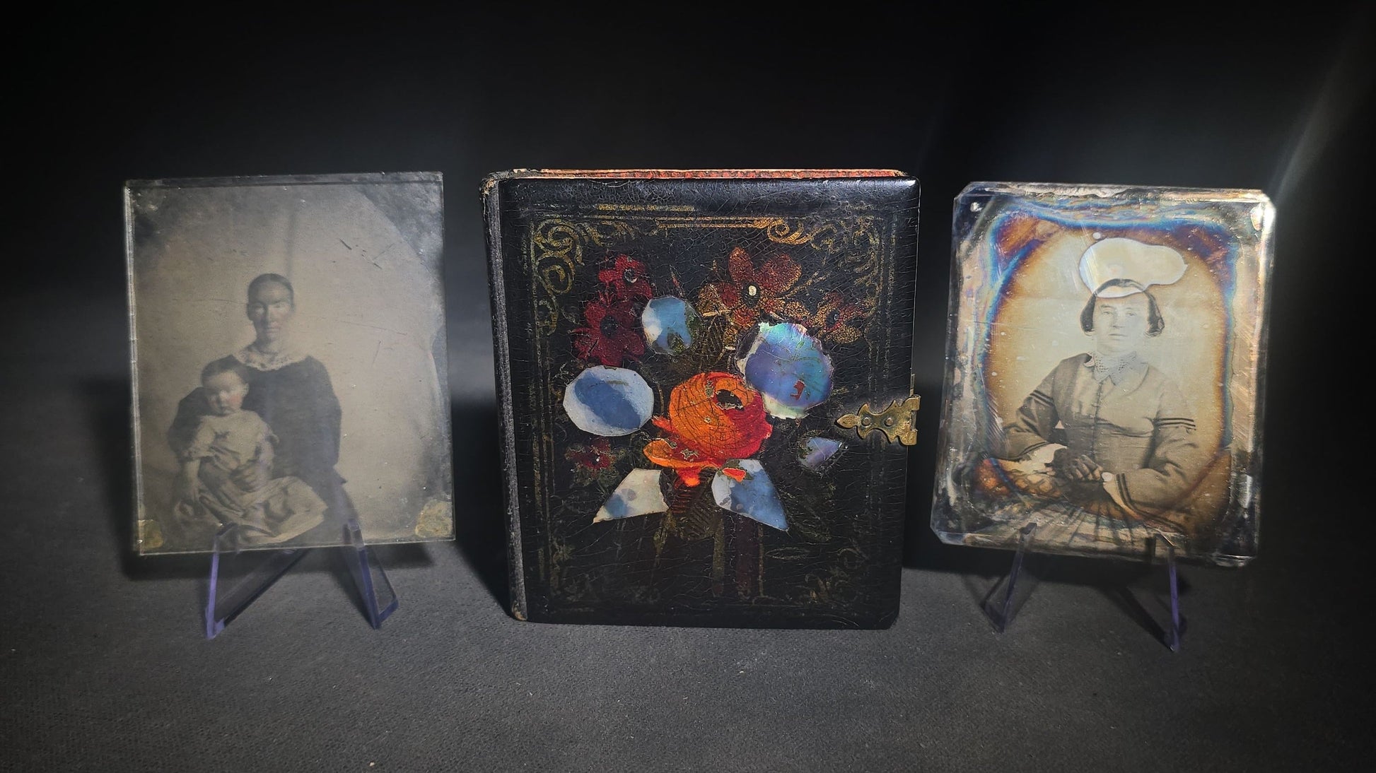 Trio of Antique 1/6th Plate Photographs and Case including Uncased Daguerreotype Photograph of a Seated Woman, Uncased Ambrotype Photograph of a Woman and Child, and Papier-Mache Case with Mother-of-Pearl Inlay