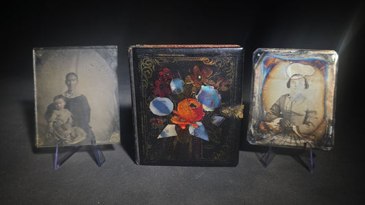 Trio of Antique 1/6th Plate Photographs and Case including Uncased Daguerreotype Photograph of a Seated Woman, Uncased Ambrotype Photograph of a Woman and Child, and Papier-Mache Case with Mother-of-Pearl Inlay