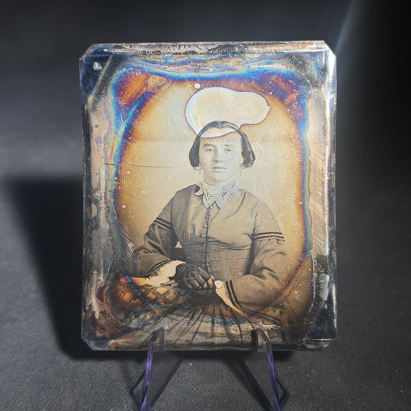 Trio of Antique 1/6th Plate Photographs and Case including Uncased Daguerreotype Photograph of a Seated Woman, Uncased Ambrotype Photograph of a Woman and Child, and Papier-Mache Case with Mother-of-Pearl Inlay