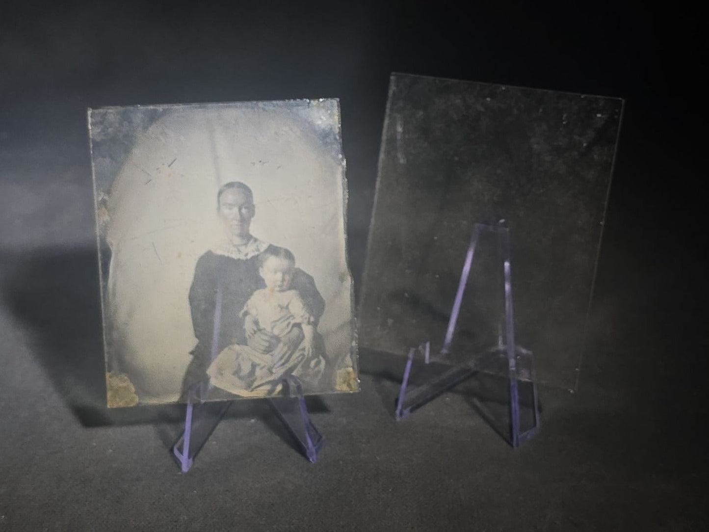 Trio of Antique 1/6th Plate Photographs and Case including Uncased Daguerreotype Photograph of a Seated Woman, Uncased Ambrotype Photograph of a Woman and Child, and Papier-Mache Case with Mother-of-Pearl Inlay