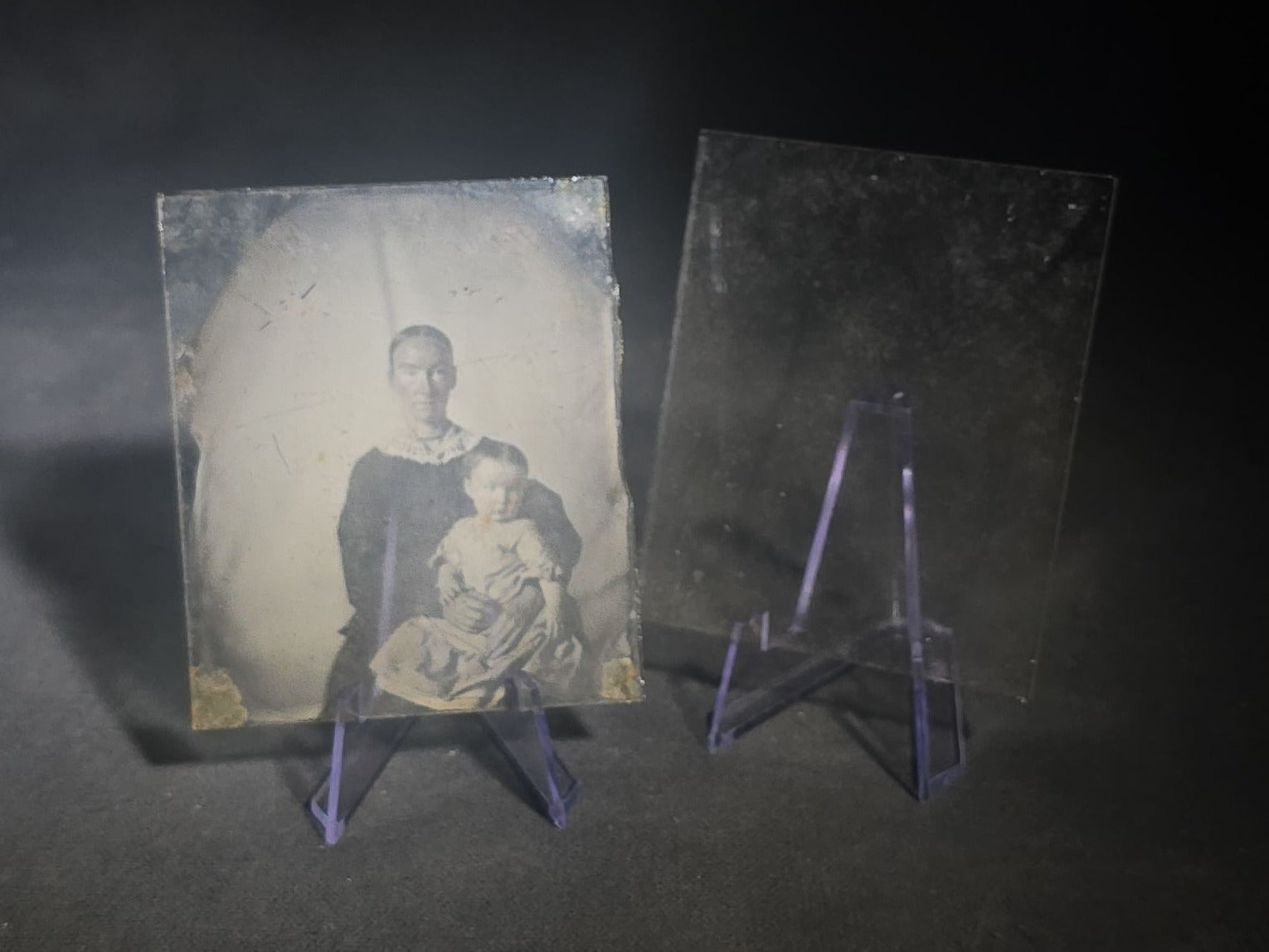 Trio of Antique 1/6th Plate Photographs and Case including Uncased Daguerreotype Photograph of a Seated Woman, Uncased Ambrotype Photograph of a Woman and Child, and Papier-Mache Case with Mother-of-Pearl Inlay