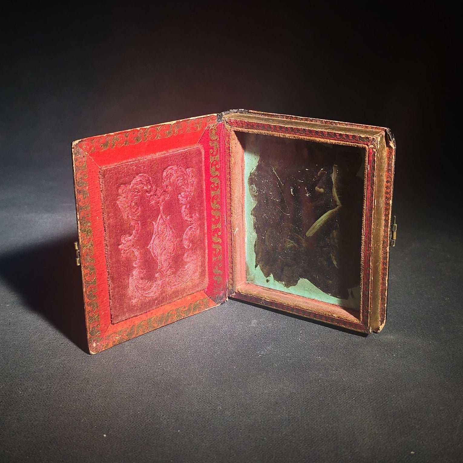 Trio of Antique 1/6th Plate Photographs and Case including Uncased Daguerreotype Photograph of a Seated Woman, Uncased Ambrotype Photograph of a Woman and Child, and Papier-Mache Case with Mother-of-Pearl Inlay
