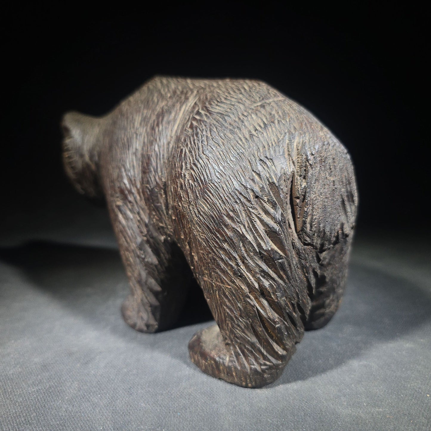 Vintage Carved Wood Bear Figure with Glass Eyes in Walking Pose