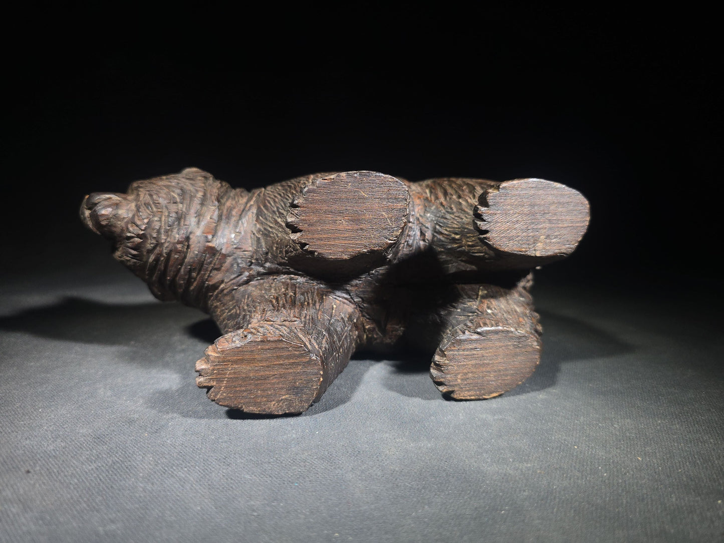 Vintage Carved Wood Bear Figure with Glass Eyes in Walking Pose