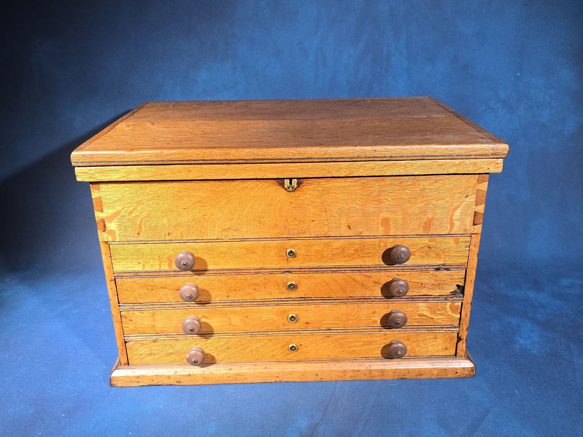 Antique Oak Tool Chest with Four Drawers, Hinged Lid, and Dovetail Joinery