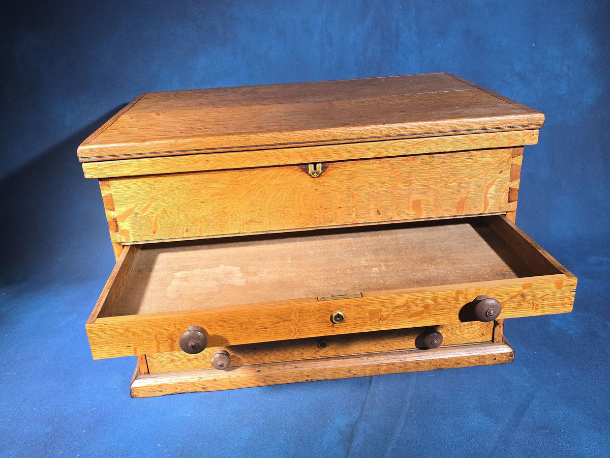Antique Oak Tool Chest with Four Drawers, Hinged Lid, and Dovetail Joinery