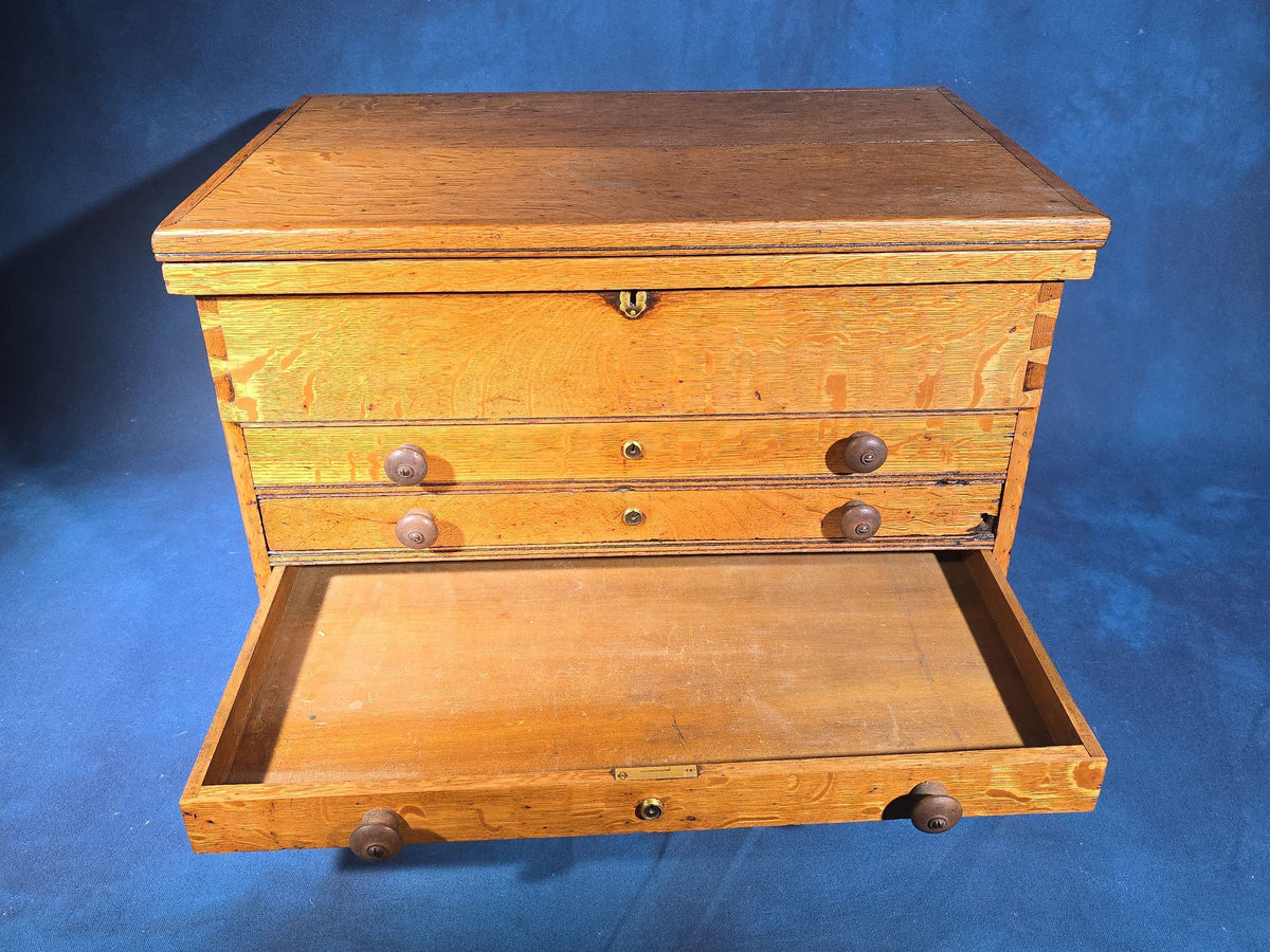 Antique Oak Tool Chest with Four Drawers, Hinged Lid, and Dovetail Joinery