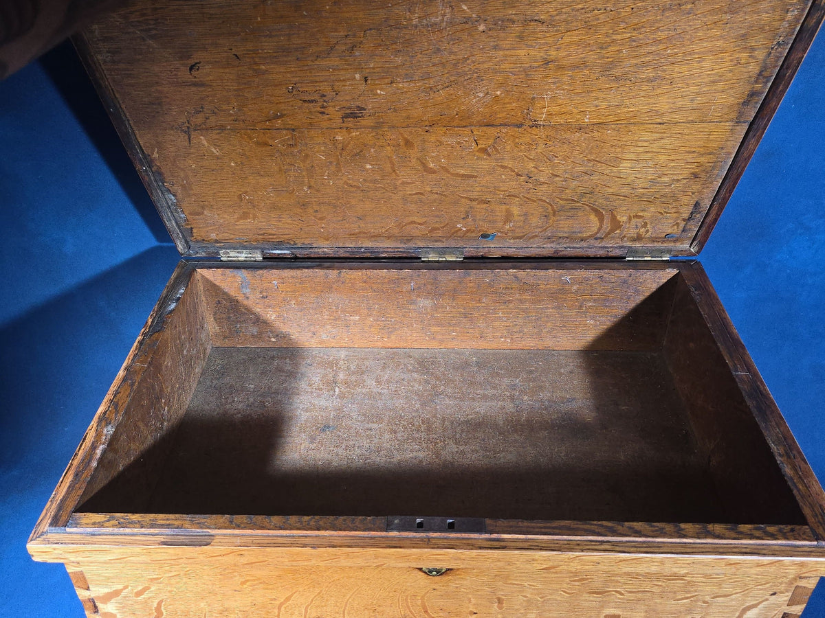 Antique Oak Tool Chest with Four Drawers, Hinged Lid, and Dovetail Joinery