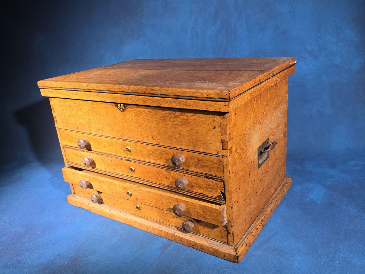 Antique Oak Tool Chest with Four Drawers, Hinged Lid, and Dovetail Joinery