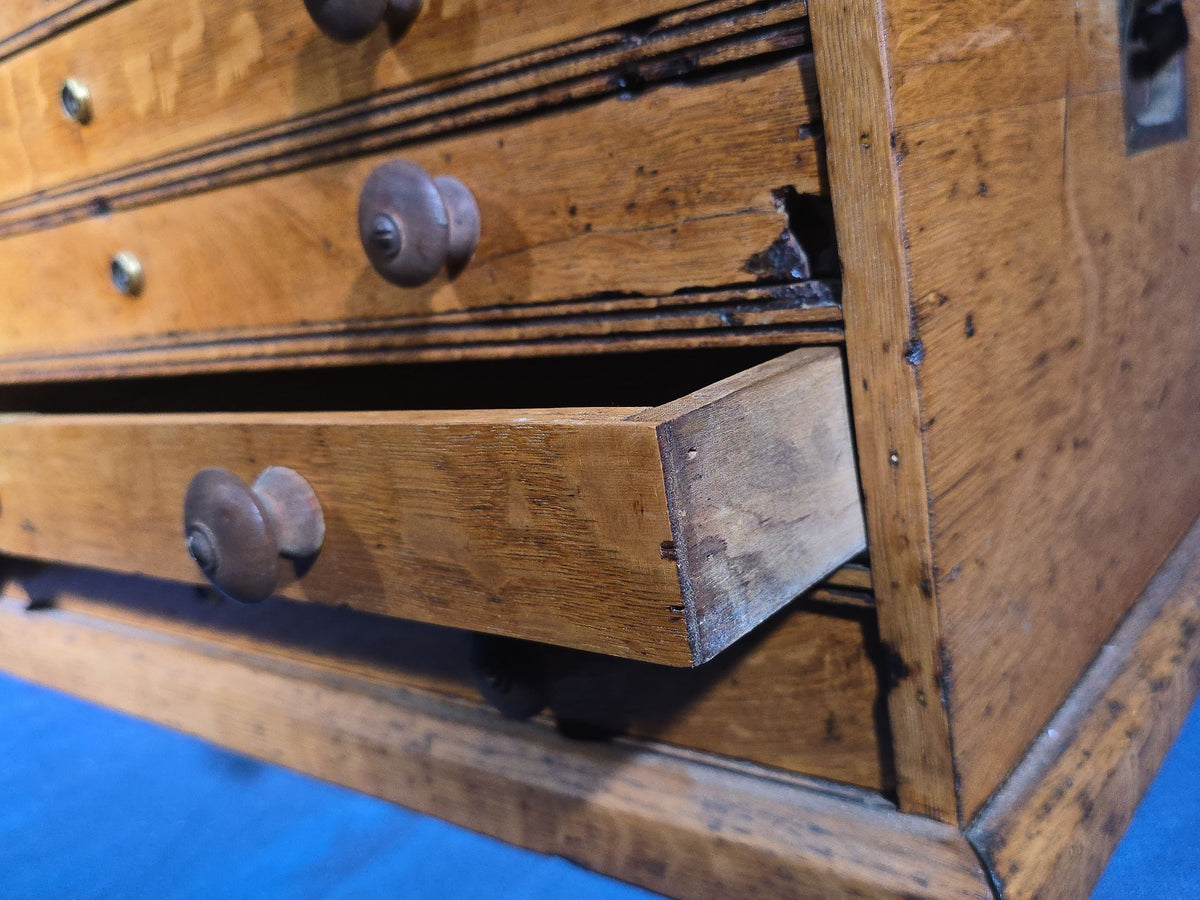Antique Oak Tool Chest with Four Drawers, Hinged Lid, and Dovetail Joinery