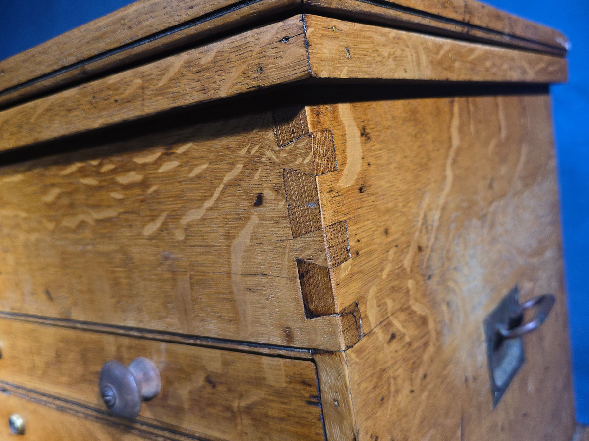 Antique Oak Tool Chest with Four Drawers, Hinged Lid, and Dovetail Joinery